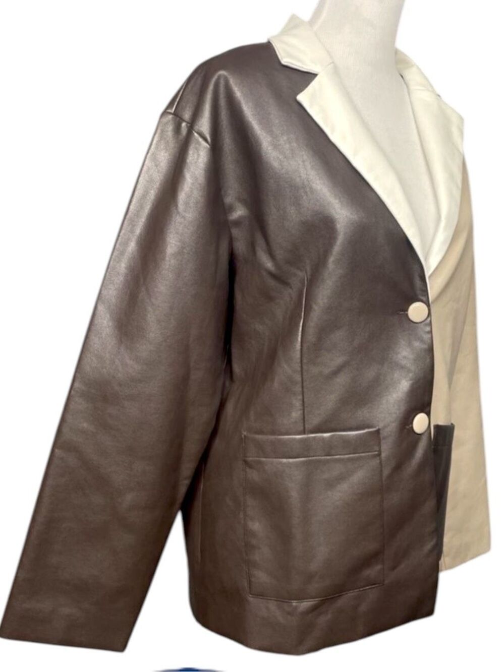 BiBi Faux Leather Color Block Blazer Jacket Mocha Taupe White NEW - Picture 8 of 9